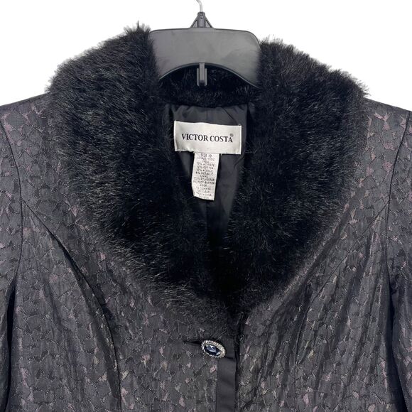 Victor Costa Metallic Geometric Faux Fur Neck Jewel Button Jacket Womens Size 10 - Picture 2 of 5